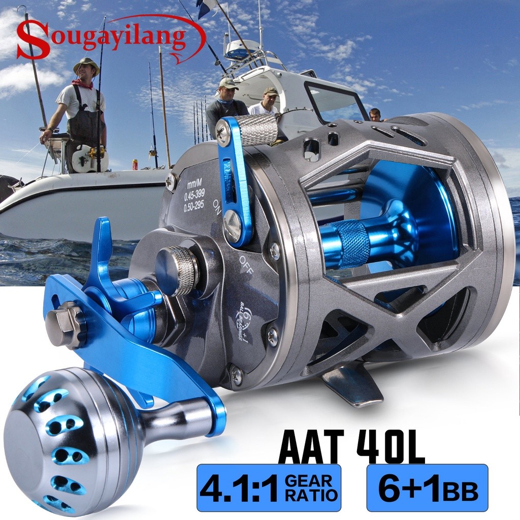 (LuxvenMart) Trolling Reel Max Drag 43 lbs Saltwater Grade Wind Powered Carp Reel Gulungan Trolling 