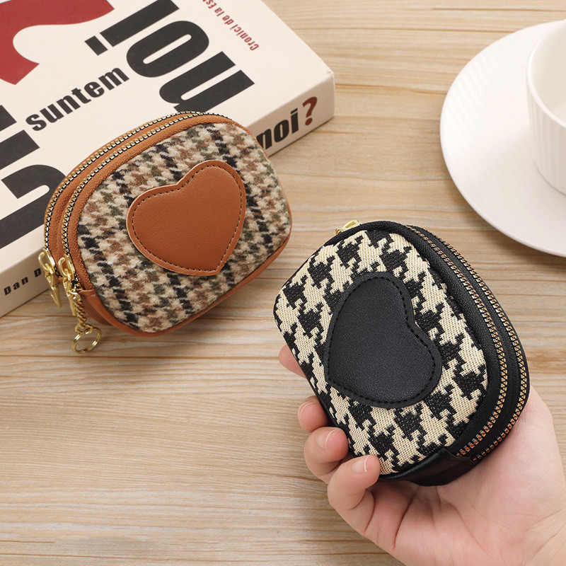 Dompet Koin Kecil Houndstooth Hati yang Laris untuk Koin dan Lipstik