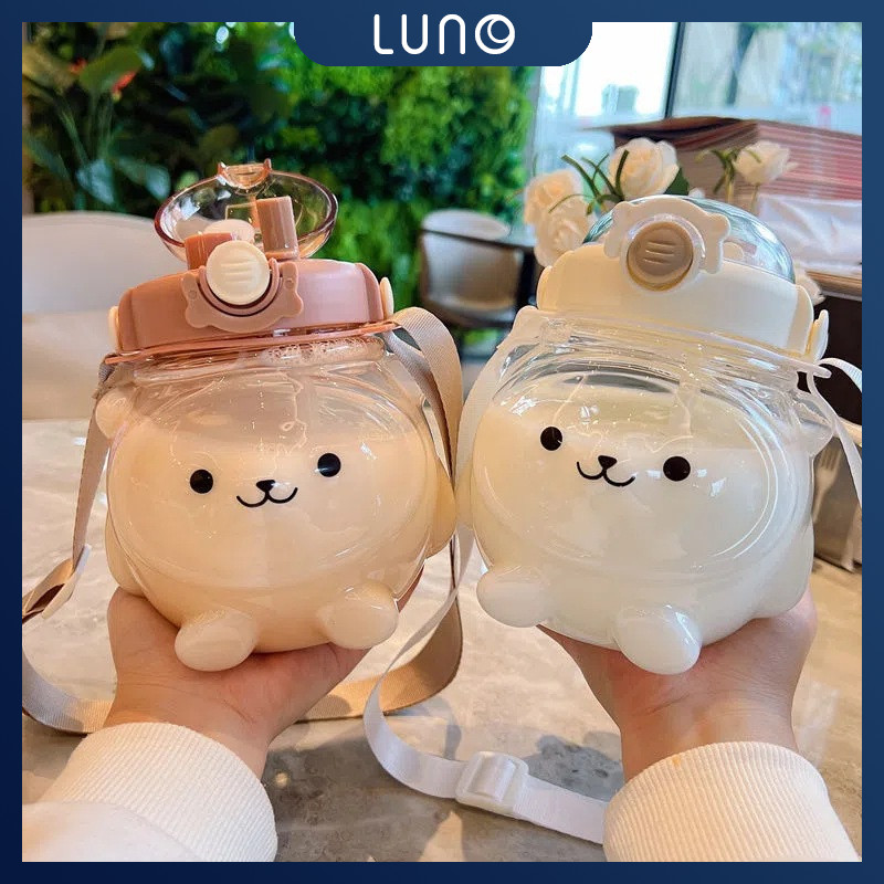 LUNO Botol Minum Bear Aesthetic Korea Lucu 1000ML Sedotan Tali Gendong Tempat Minum Anak BZ