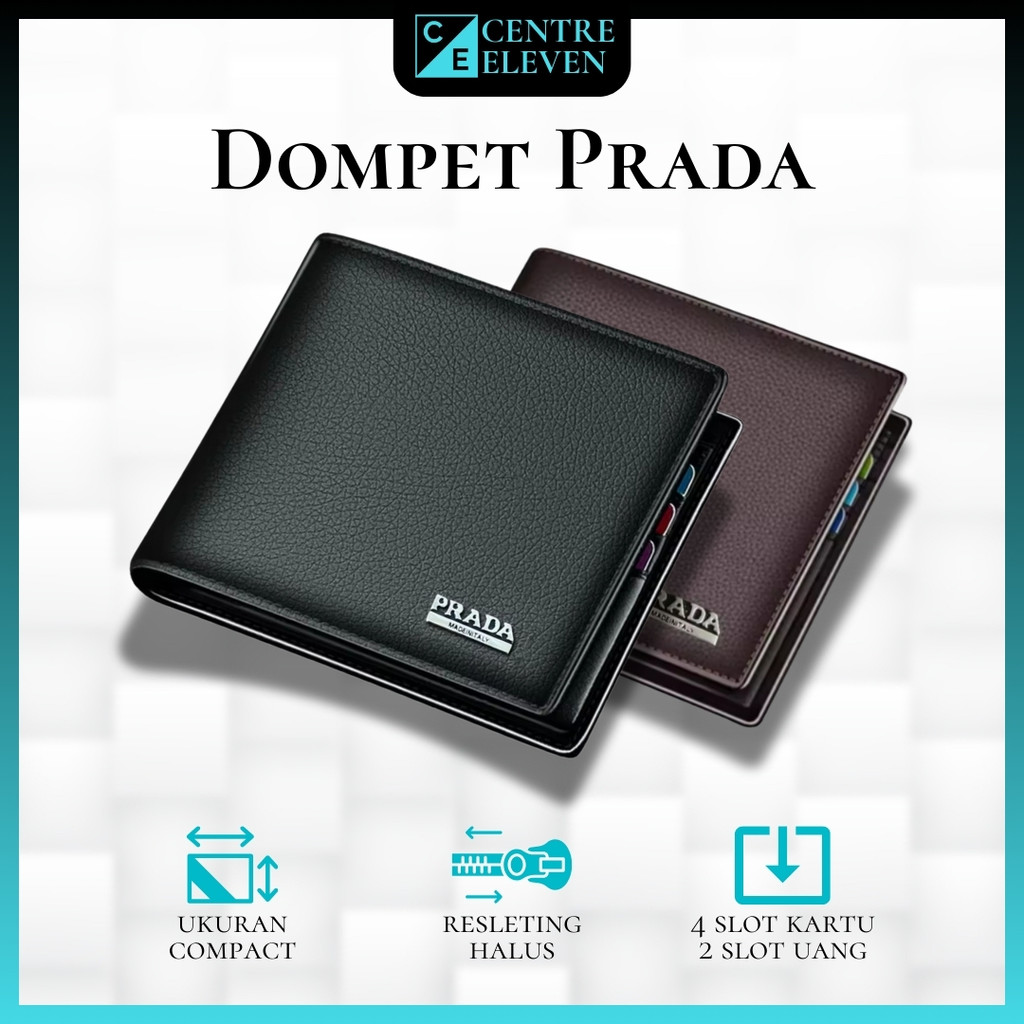 DOMPET PRADA + BOX - Pria Dewasa, Kulit PU Lipat Resleting Slot Foto Card Coin Uang, Polos Murah
