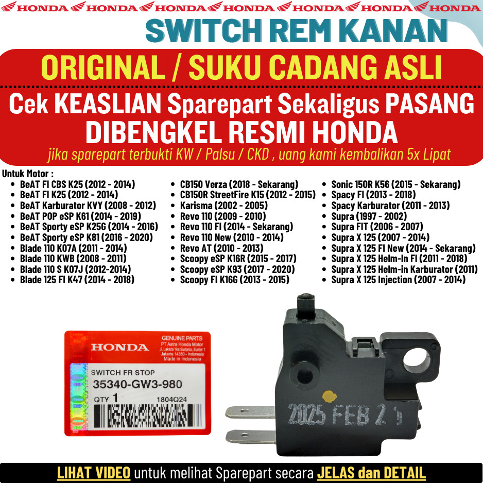 Switch Rem Kanan Scoopy Spacy Beat Fi POP Street Stater Kasar Halus Original Honda 100%