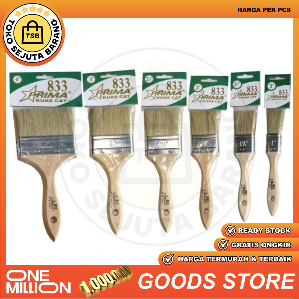 Prima 833 Kuas Cat Kayu Bulu Tebal Halus Ukuran 1 1 ½ 2 2 ½  3  4  5 Inci Paint Brush Sikat Koas Cat