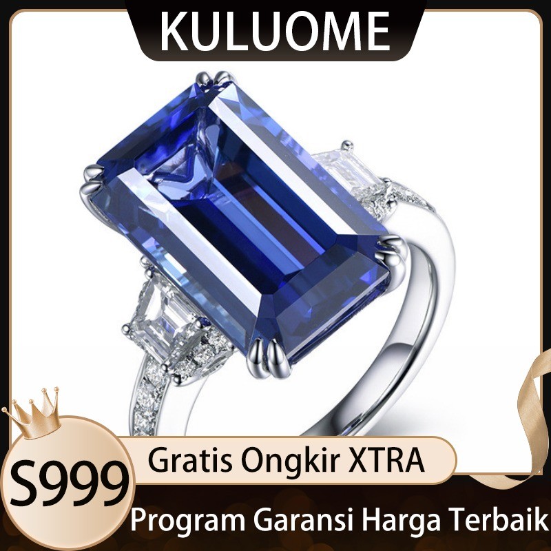 KULUOME Cincin Terbuka Persegi Panjang Elegan Tinggi Baru dengan Simulasi Tanzanite Safir Perhiasan 