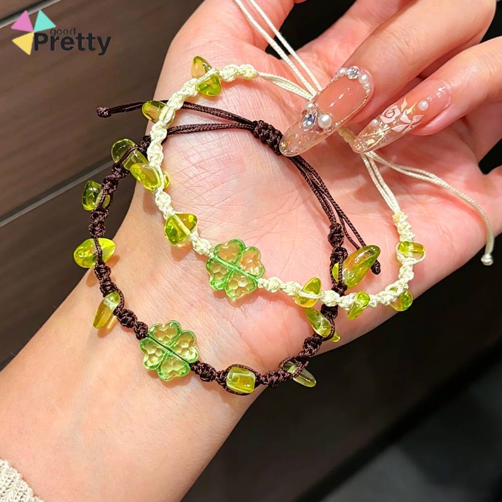 COD Gelang Tangan Wanita Korea Semanggi Empat Daun Hijau Kristal Tali Aesthetic Vintage Tali Rajut A