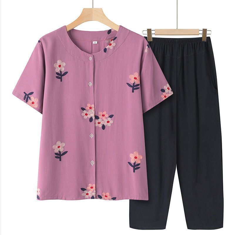 Ibu Lengan Pendek Summer Cardigan Top Wanita Longgar Sedang Pakaian Lansia Set Kemeja Katun Sutra Ne