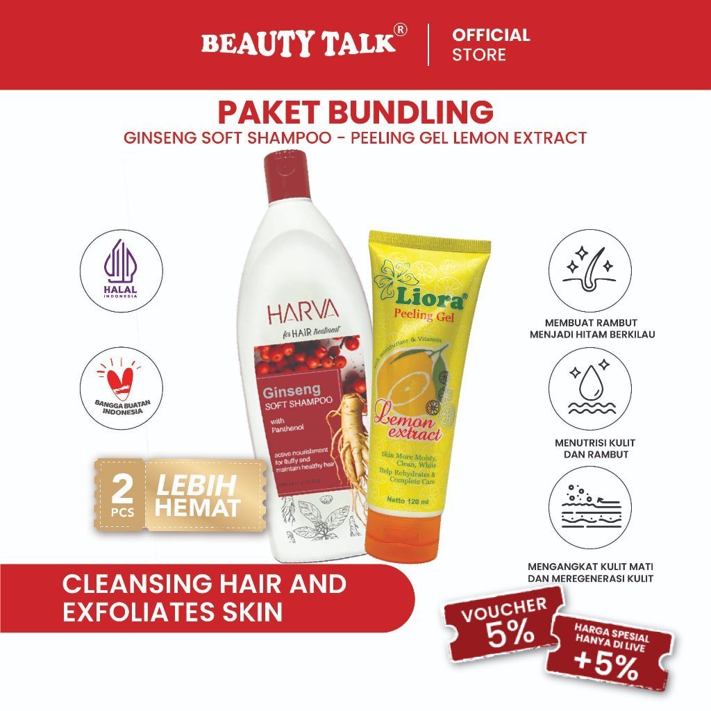 [Bundling Hemat-2Pcs] HARVA Shampoo&Conditioner Ginseng 600ml + LIORA Peeling Gel Lemon 120ml