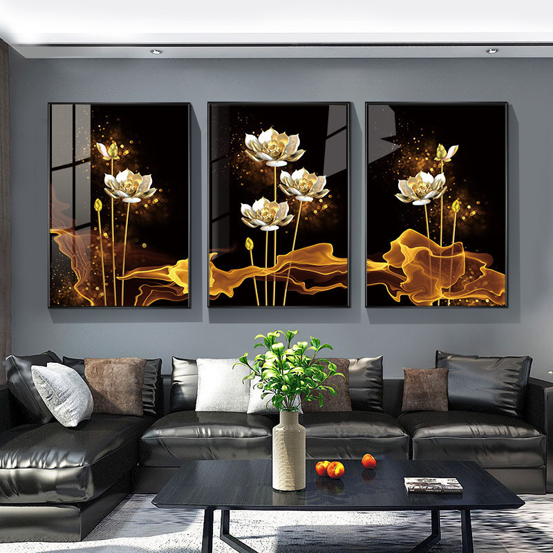 3 Panel Hiasan Dinding Kristal Keramik  Bunga Abstrak Mewah  Dekorasi Ruang Tamu Sofa