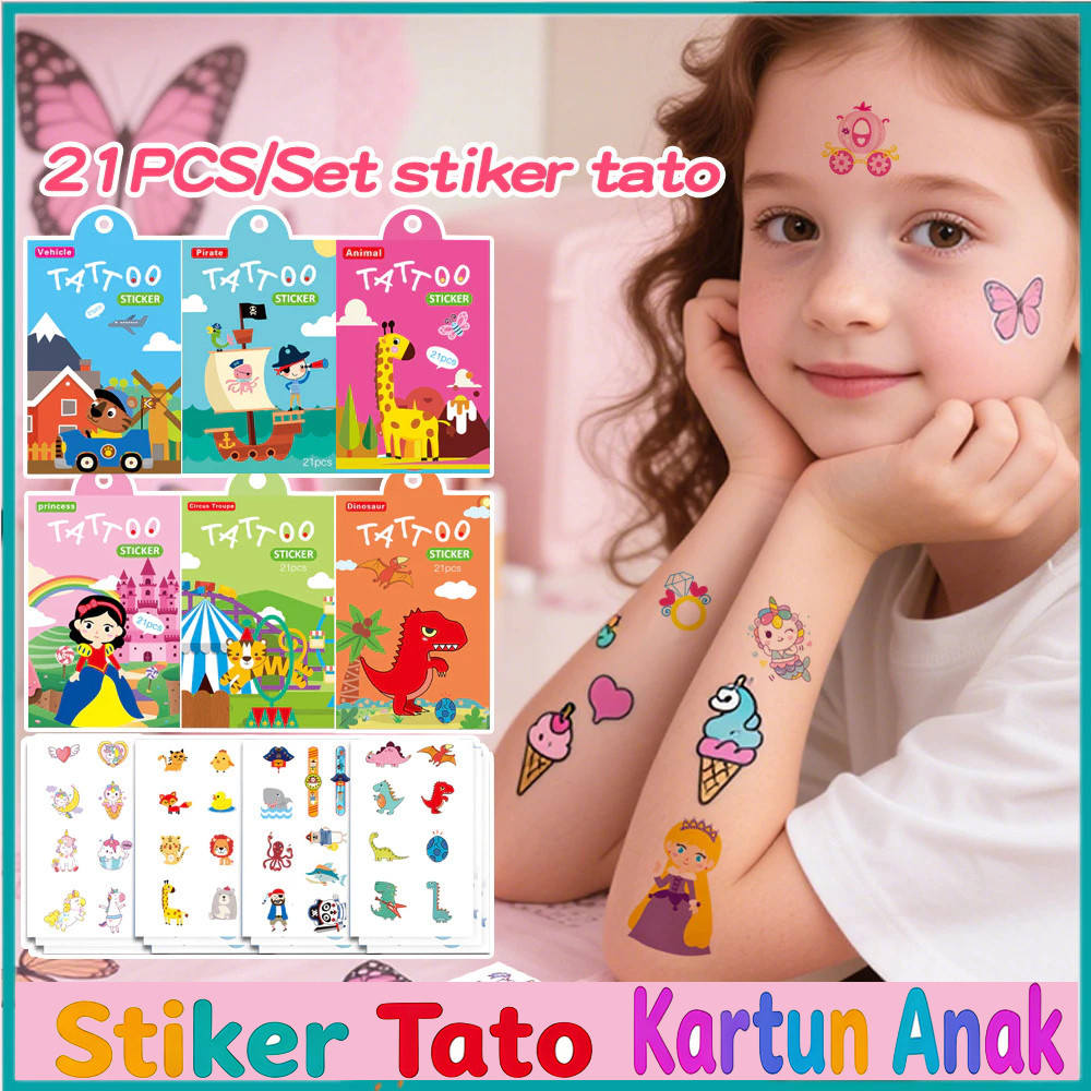 21 Pcs/Set Stiker Tatto Temporary Tato Lucu Tempel Sticker Tato Anak