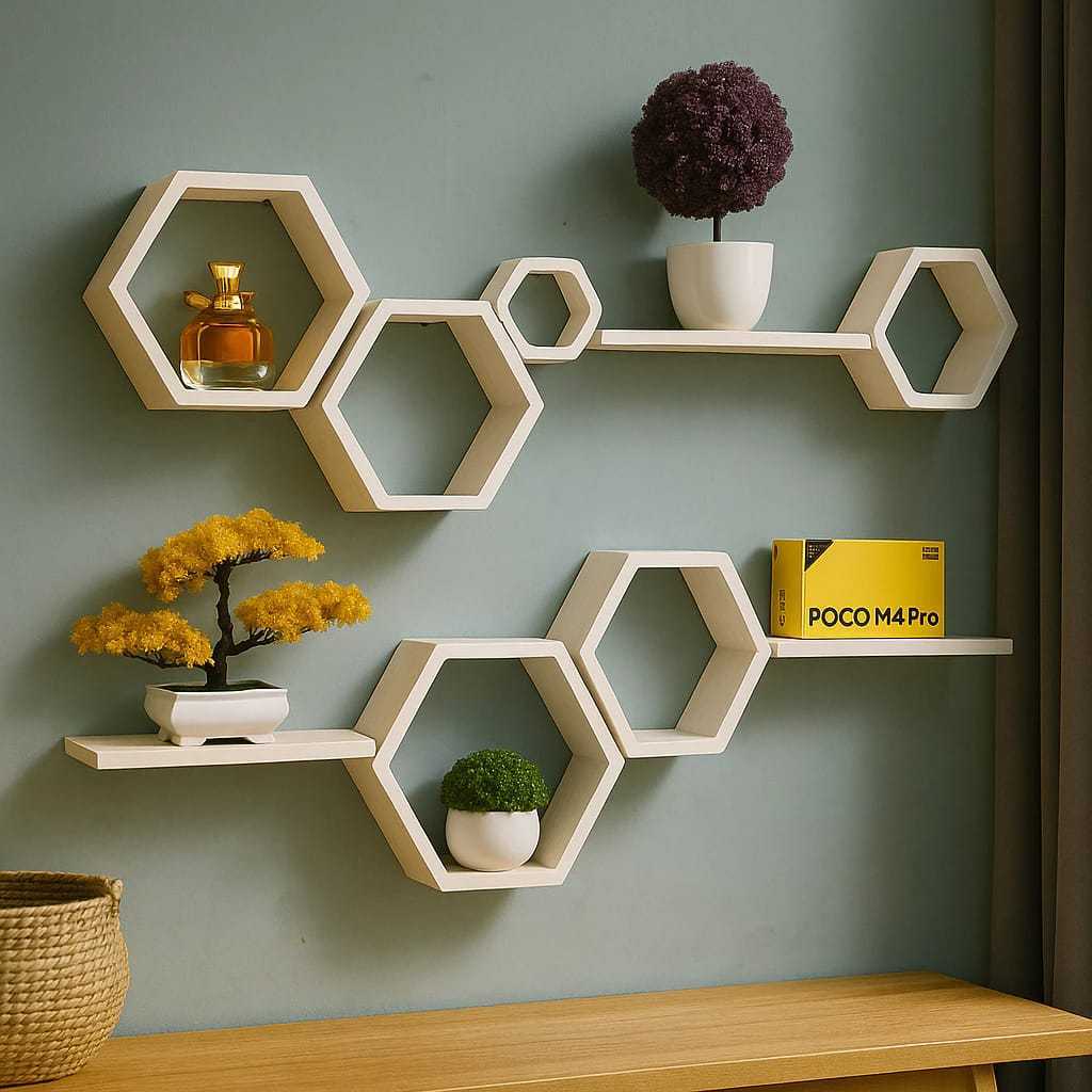 Satu Set Rak Tempel Hexagonal Hiasan Dinding Estetik Hexagon / Rak Dinding Tempel Pajangan Ruang Tam