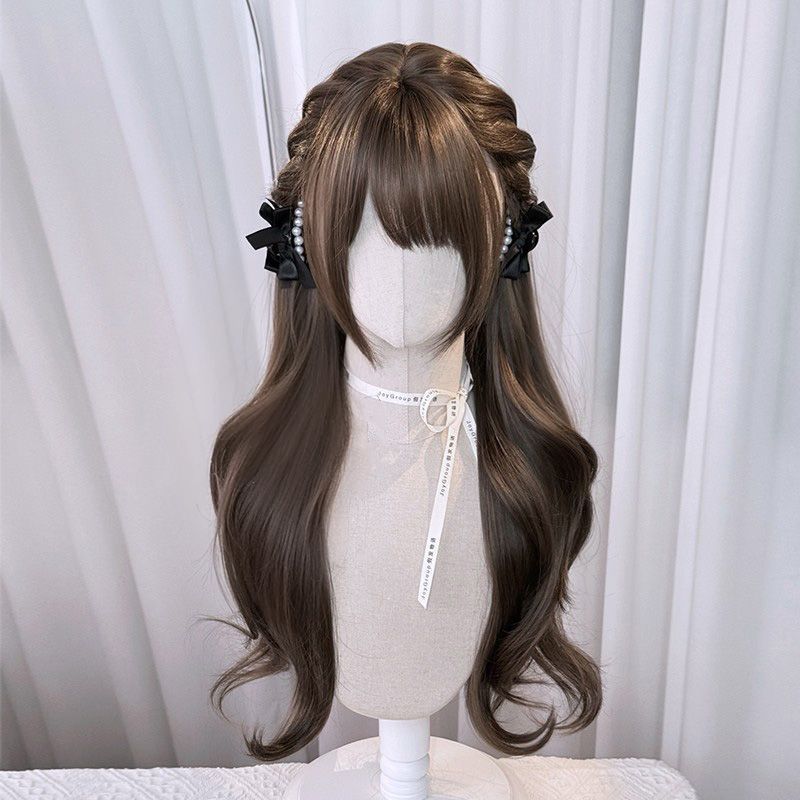 Hazelnut gray-brown long curly hair big wave simulation wig full head cover