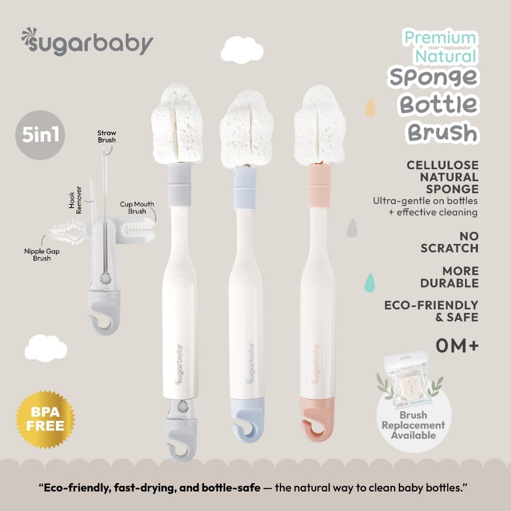 SUGAR BABY Premium Natural Sponge Bottle Brush | Pembersih Dot Susu Lembut Aman Newborn Multifungsi 