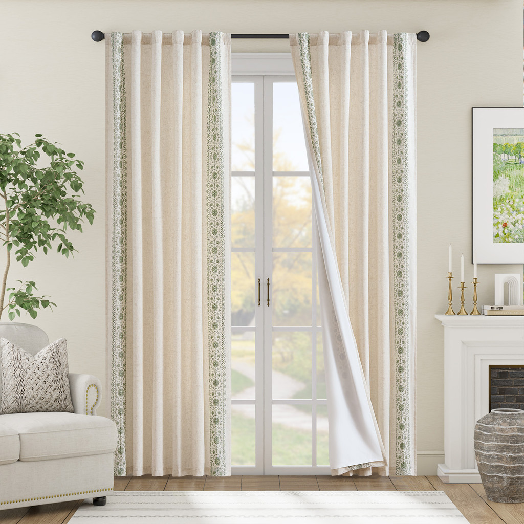 jinchan Boho Linen Curta for Bedroom Vintage Floral Farmhouse Curta Linen Blend Drapes 2 panels Curt
