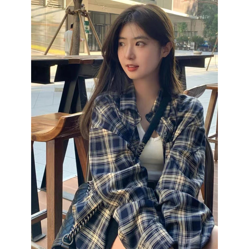 Kemeja kotak-kotak wanita, longgar, gaya santai, kemeja lengan panjang retro, atasan jaket