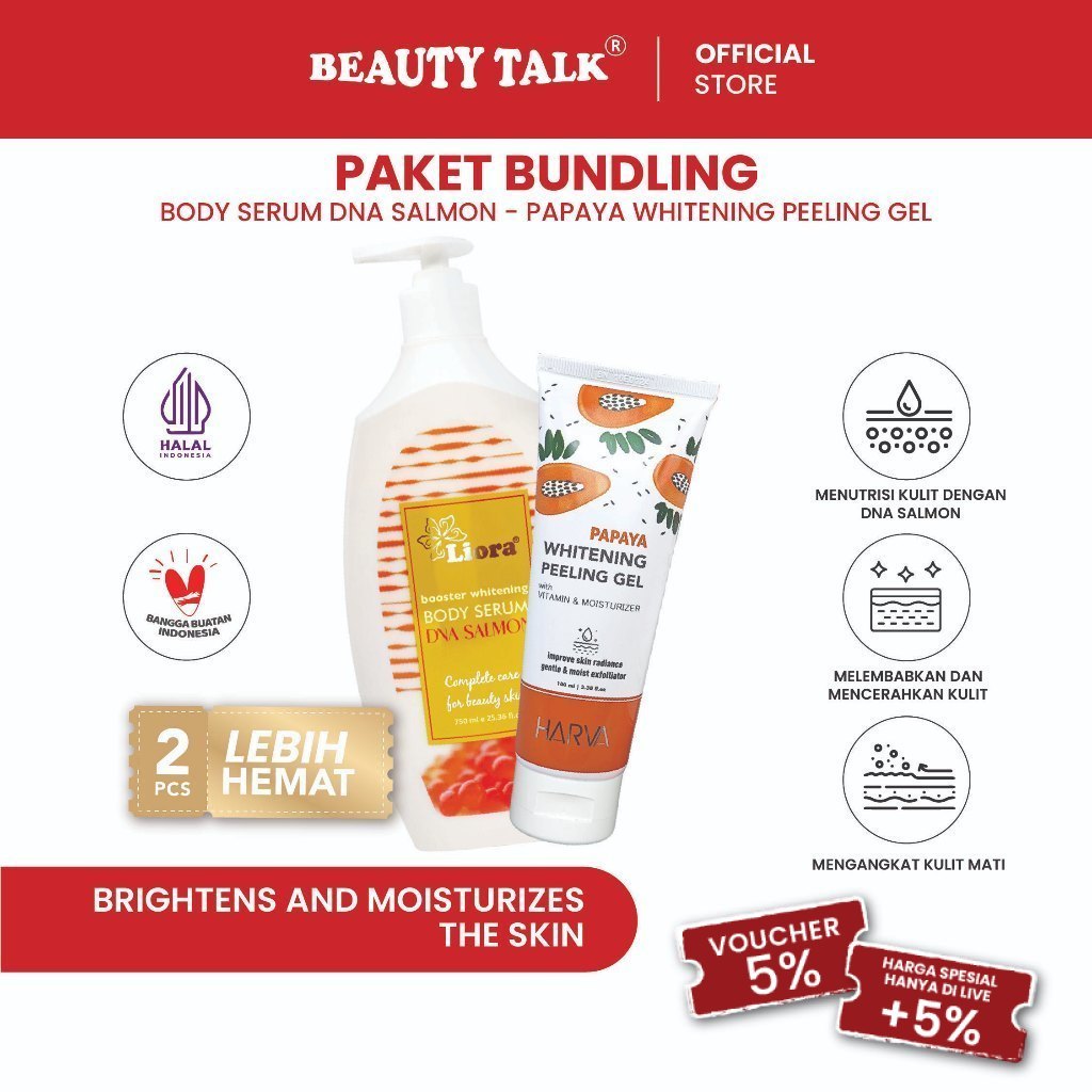 [Bundling Hemat-2 Pcs] LIORA Body Serum DNA Salmon 750ml + HARVA Peeling Gel Pepaya 100ml Eksfoliasi