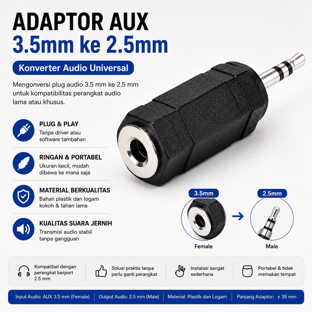 Adapter Converter Audio Jack 35mm Female To 25mm Male Sambungan Earphone Headphone Headset Aux Kabel