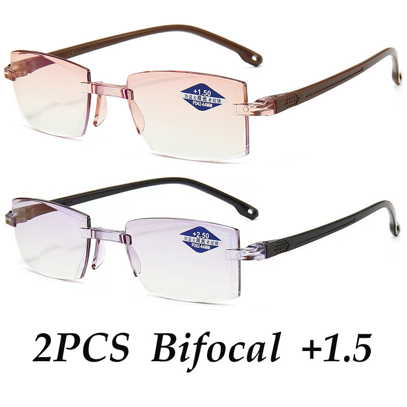 2PCS Rimless Bifocal Progressive Reading Glasses Men Women Near and Far Anti-blue Light Eyesglasses 