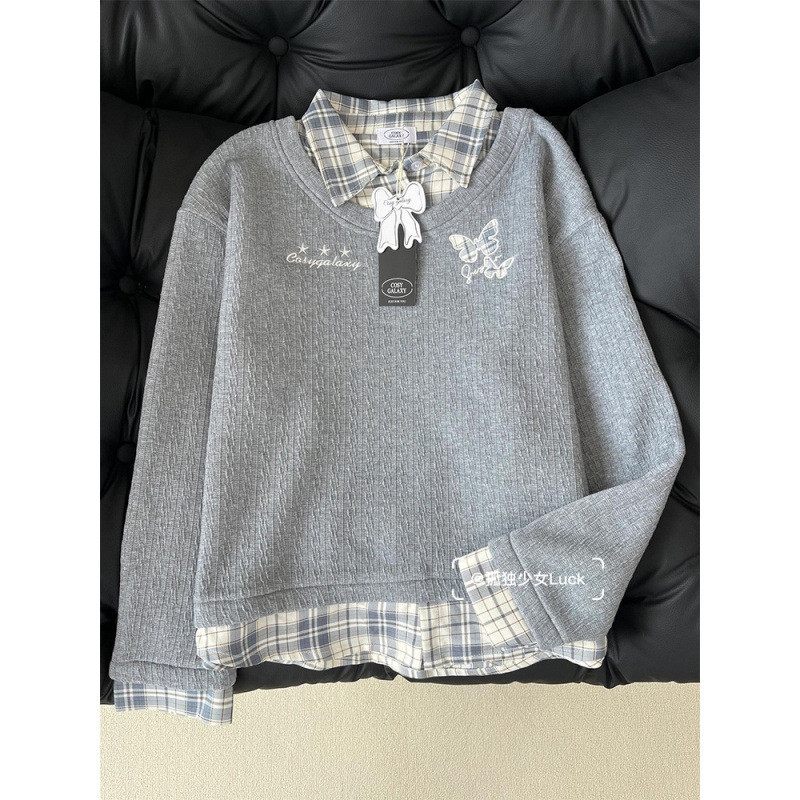 MYCASSI Sweatshirt Berkerah Bertekstur Untuk Wanita Dilapisi Bulu Fleece Atasan Gaya Korea