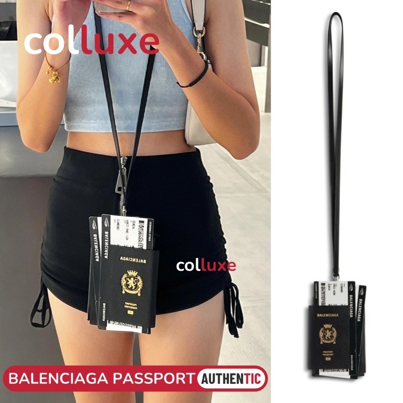 Menyediakan resi Balenciaga Passport Holder Passport Phone Bag Hitam Pemegang Perjalanan