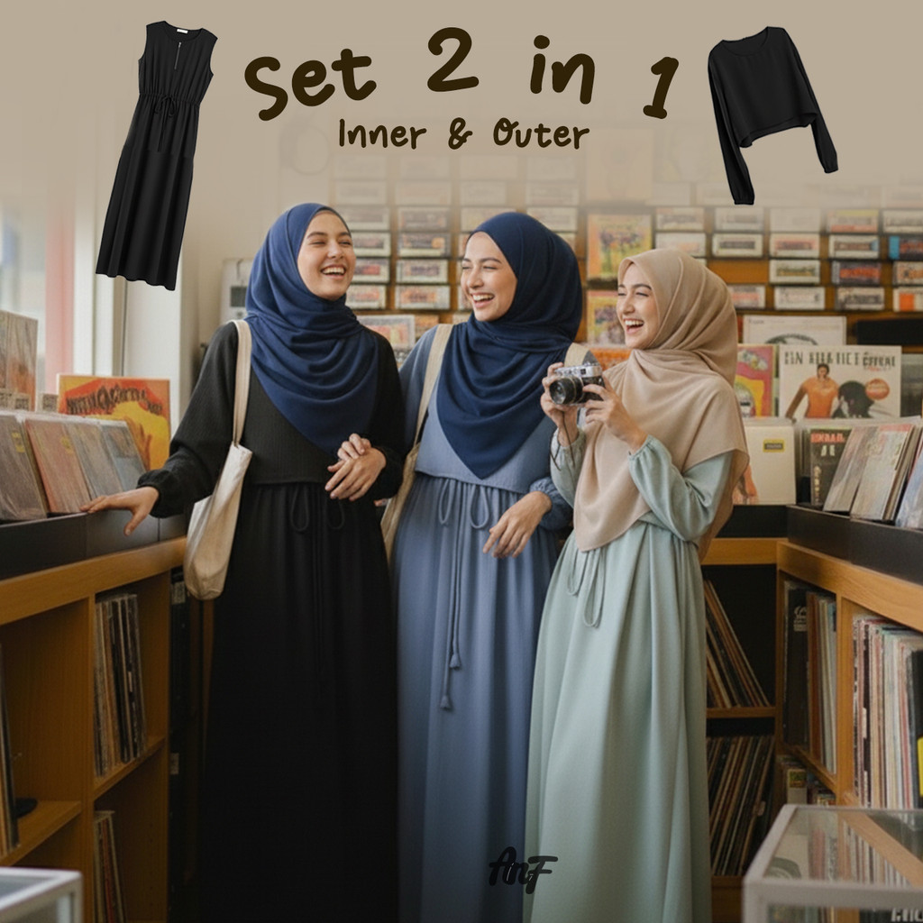 Gamis Polos Set 2 in 1 Inner dan Outer | Gamis Crinkle Busui | Gamis Remaja Dewasa Set Lebaran