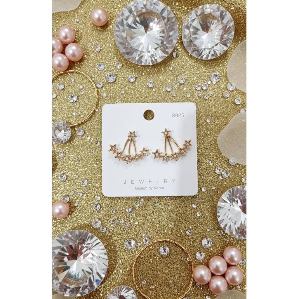 Anting-anting tindik gaya jaket telinga bintang berwarna emas dengan kristal zirkonia kubik PS
