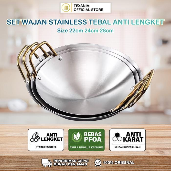 [12.12 SALE DAPAT 3 WAJAN] Texania Wajan Kuali Stainless Tebal Anti Lengket Mudah Dibersihkan Tahan 