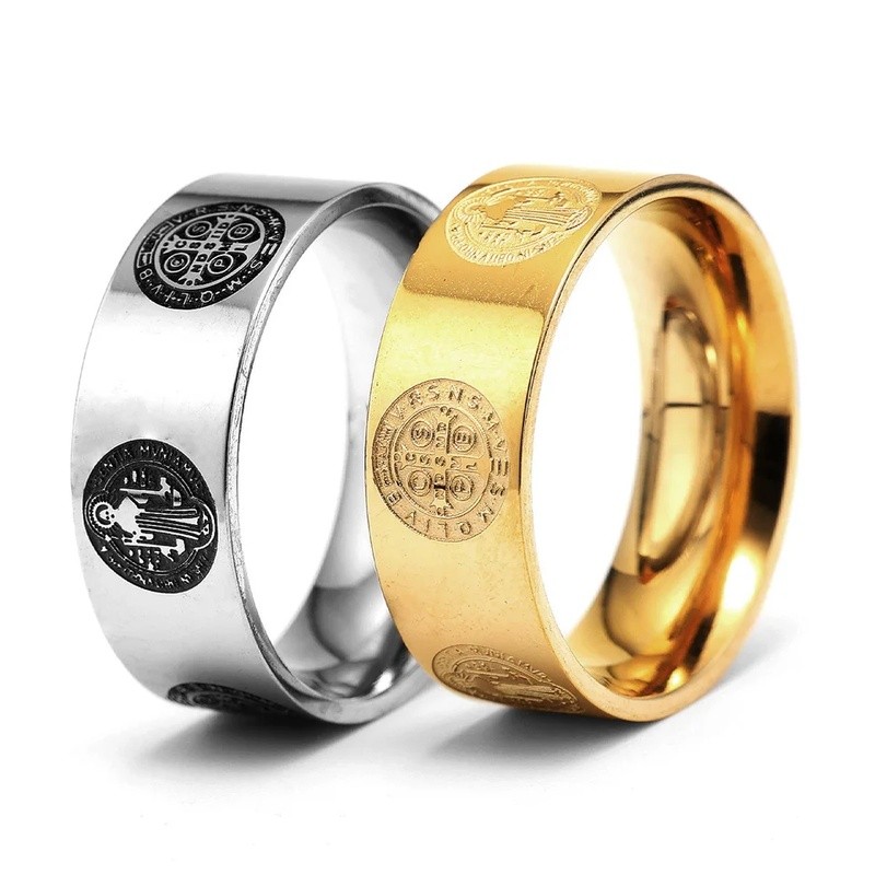 (model terbaru) Cincin Pengusir Setan Saint Benedict, Amulet Salib, Baja Anti Karat 316L, Cincin Pri