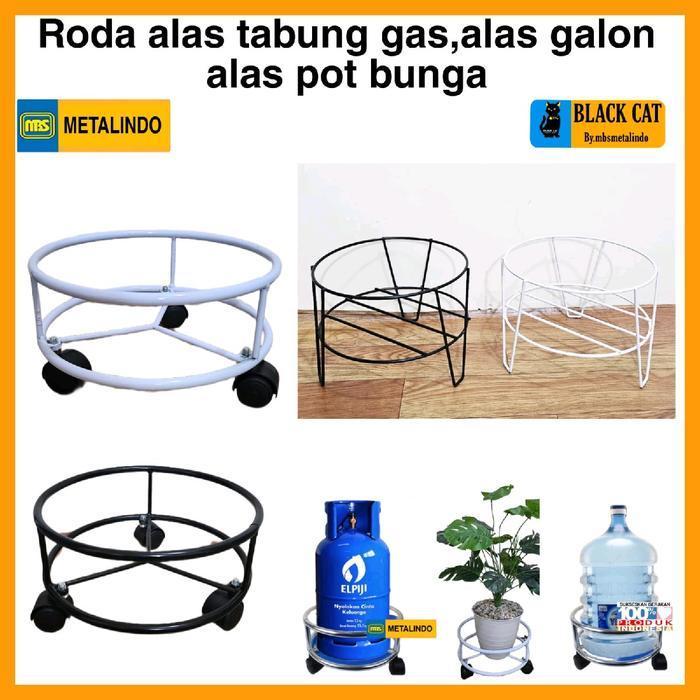 Alas roda tabung gas mbs rak tabung gas rak pot bunga roda galon besi anti karat - hitam, Roda tabun