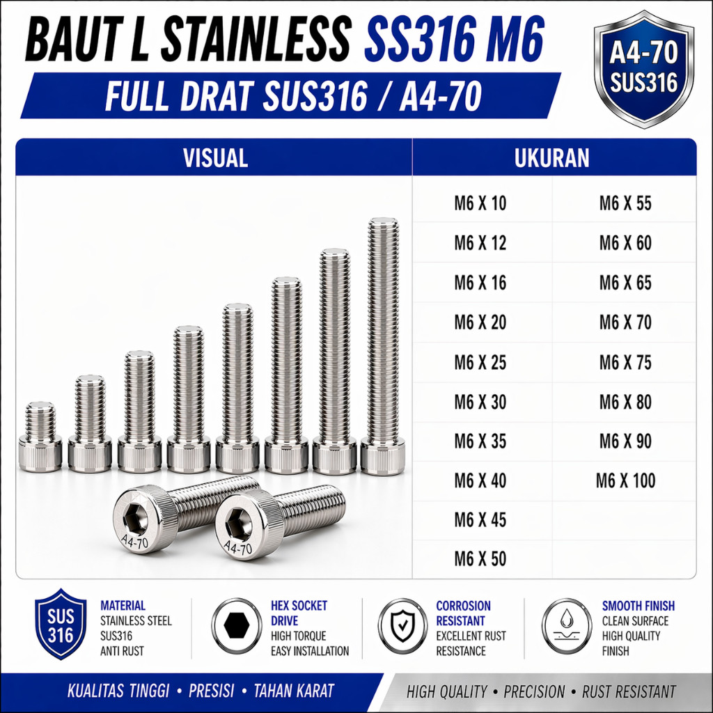 SS316 Baut L Stainless M6X55 / 6X55 / M6 X 55 / 6 X 55 Full Drat SUS316 / A4-70