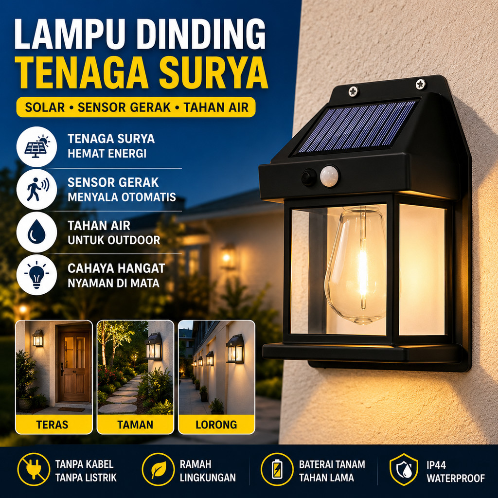 Lampu Dinding Outdoor Tenaga Surya Solar Panel Led Filamen Warm White Sensor Gerak Motion Detector L