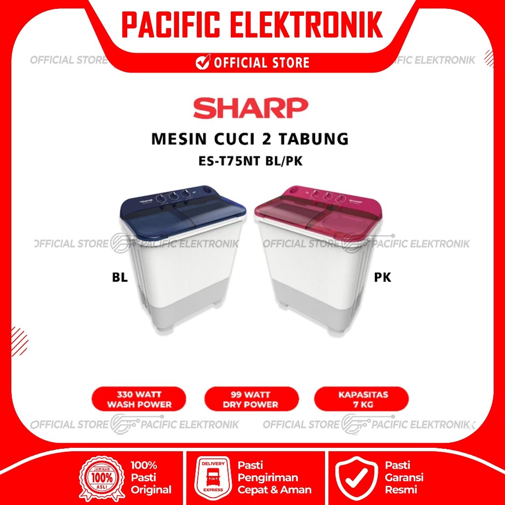 GS Mesin Cuci Sharp 7KG / 7 kg EST - 75NT - BL/PK (Biru /Pink)