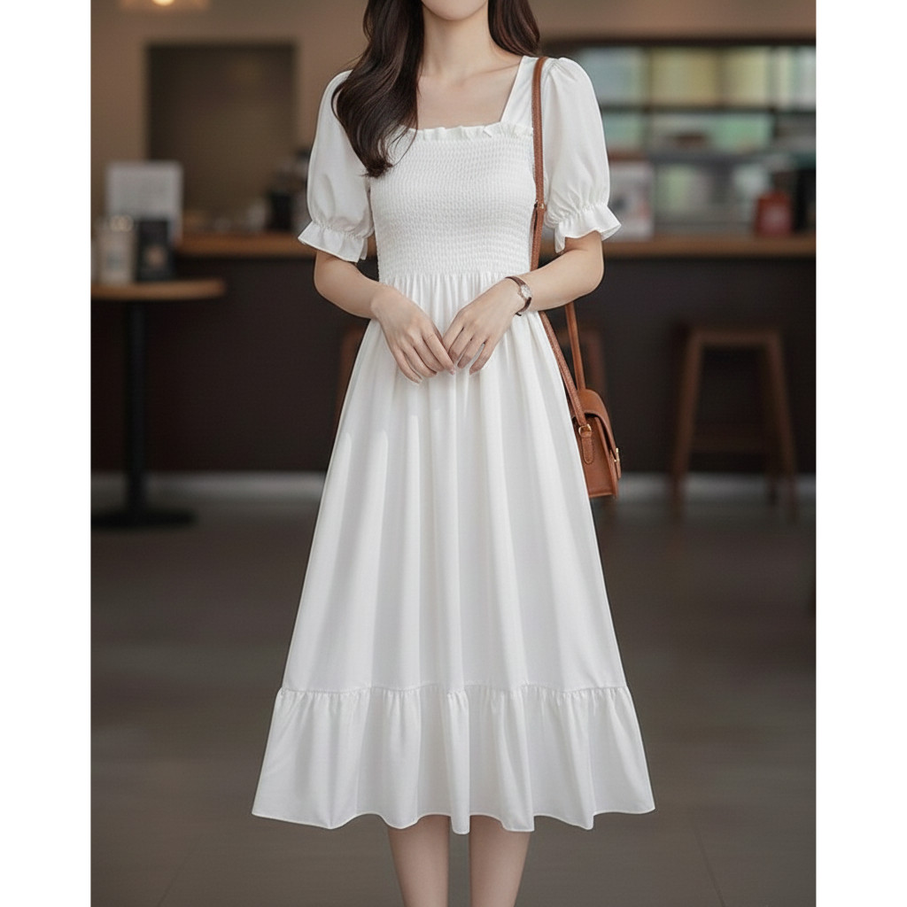 SMOCKED DRESS Atasan Wanita Gaun Casual Lengan Pendek Bunga Polos Pakaian Pesta Natal Gereja Branded