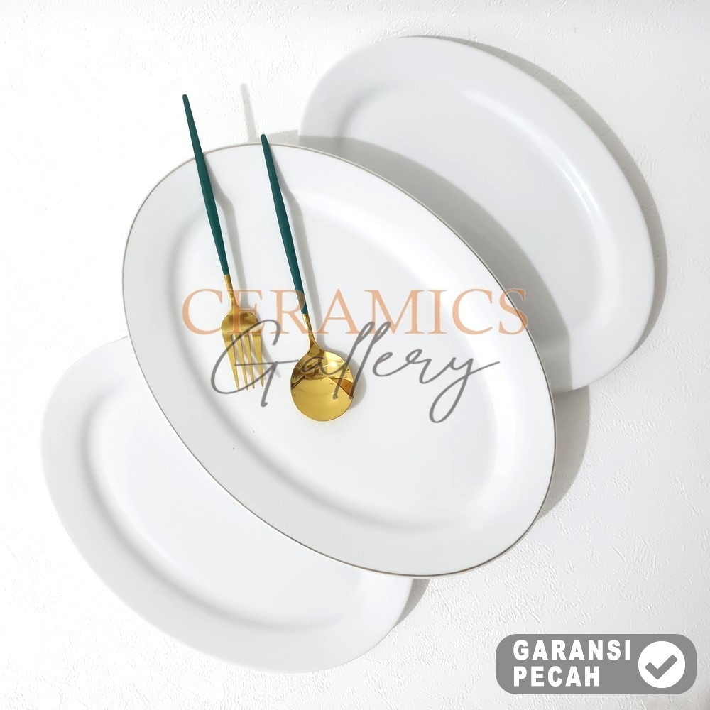 TANITI 1pcs Piring Keramik Oval 12in Polos / Lis Mas Piring Ceper Oval Piring Sajian 30cm