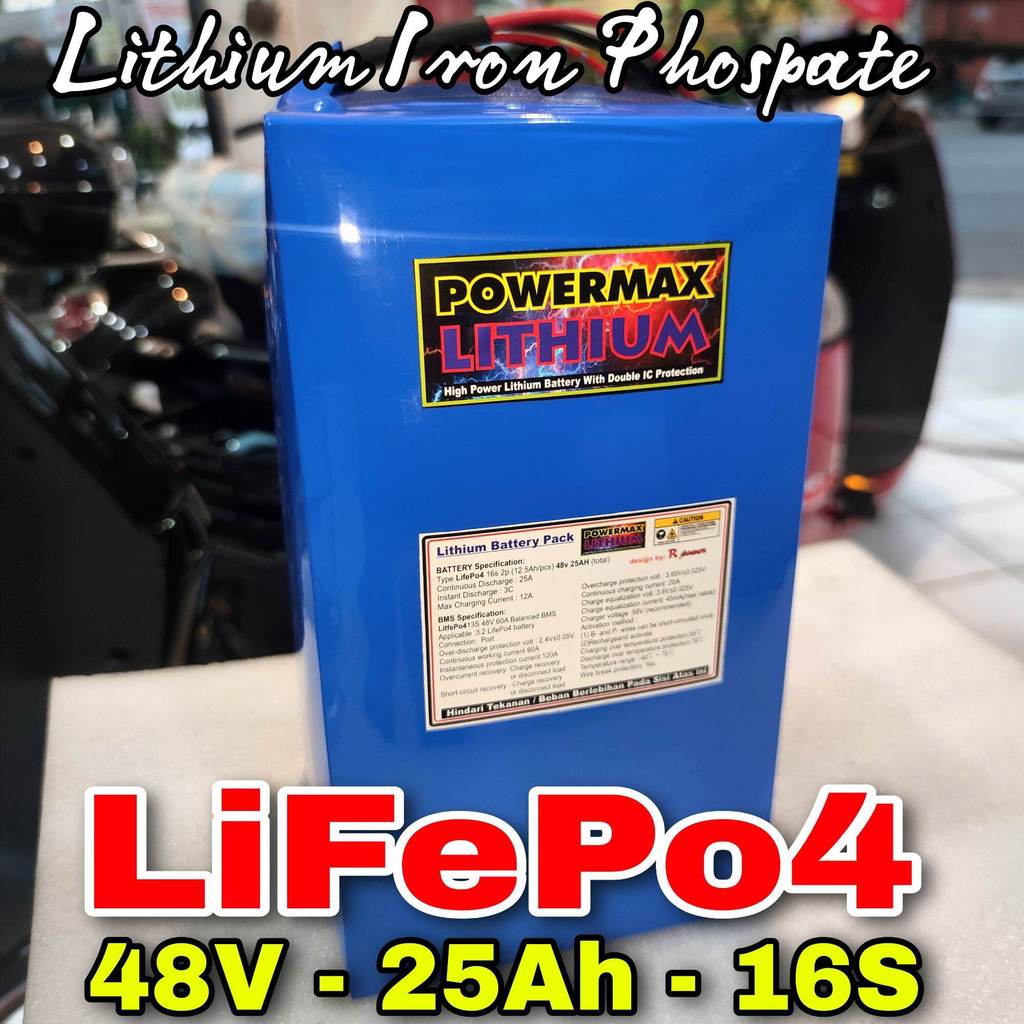 Baterai Lifepo4 (Lithium iron phospate) 48V 25Ah  POWERMAX dengan BMS buat Sepeda Listrik 25 Ampere 
