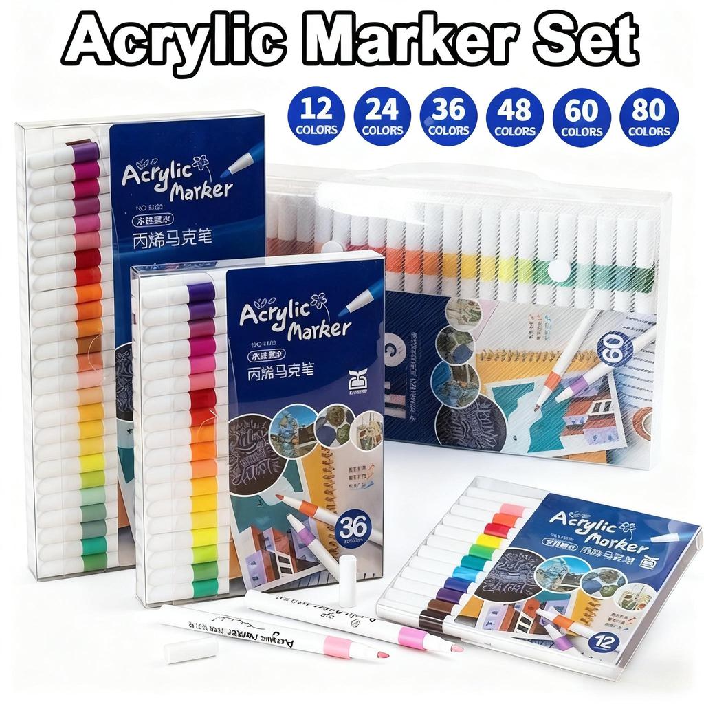 Set spidol akrilik lukis DIY 80 warna, spidol warna untuk seni pelajar, spidol cat air bisa dicuci