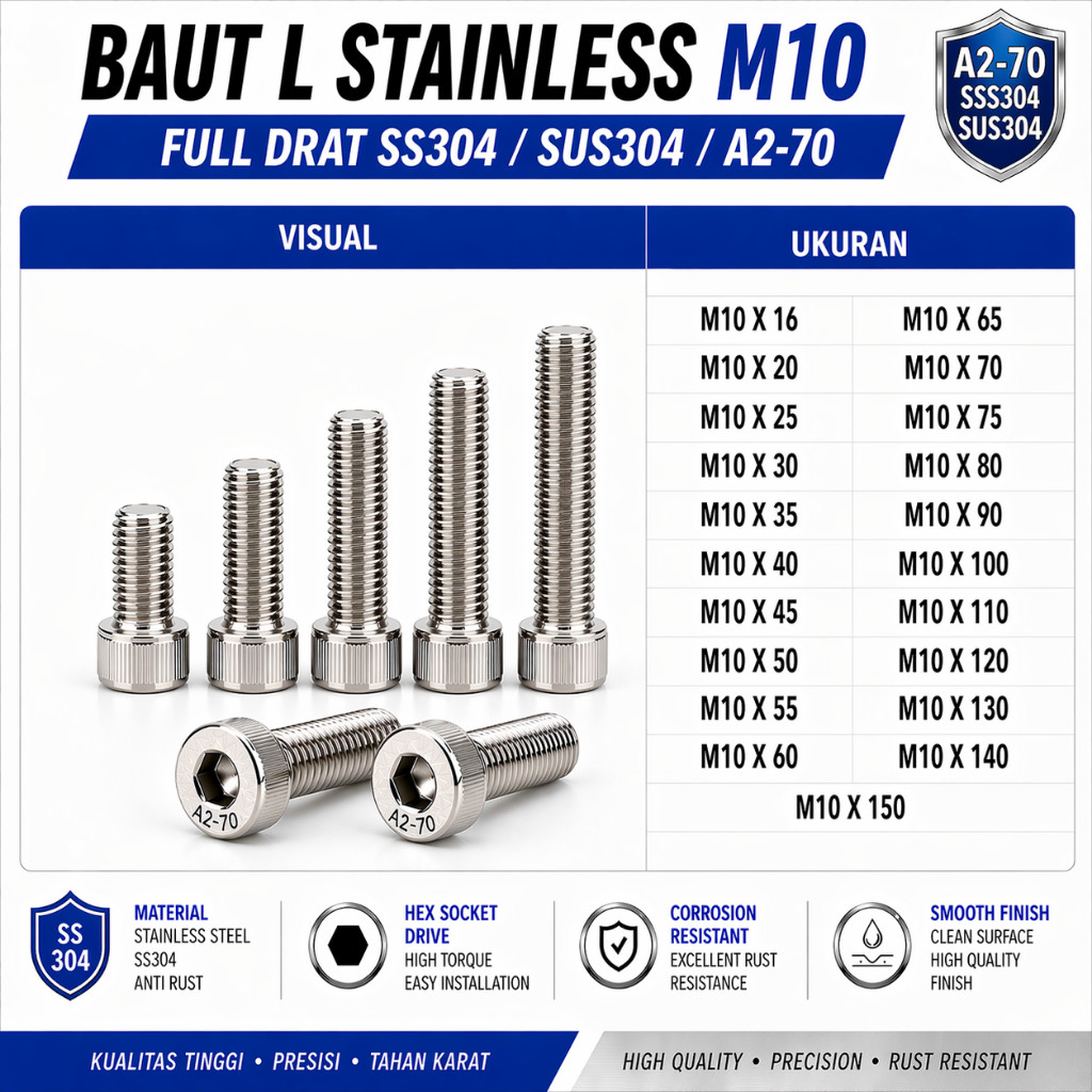 Baut L Stainless M10X120 / 10X120 / M10 X 120 / 10 X 120 Full Drat SS304 / SUS304 / A2-70