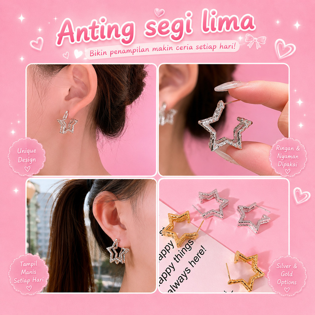 Anting Bintang Lima Sudut Kesan Logam Gaya Dingin Moderen Unik
