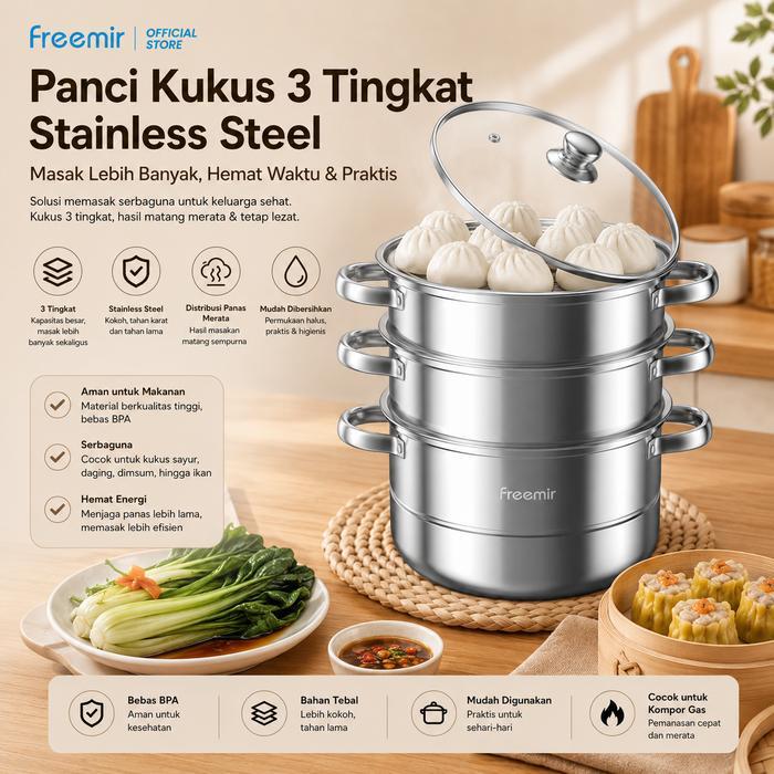 [SPECIAL] freemir Panci Kukus 3 Susun Stainless Steel Tebal Anti Lengket Anti Karat Dandang Kukusan 