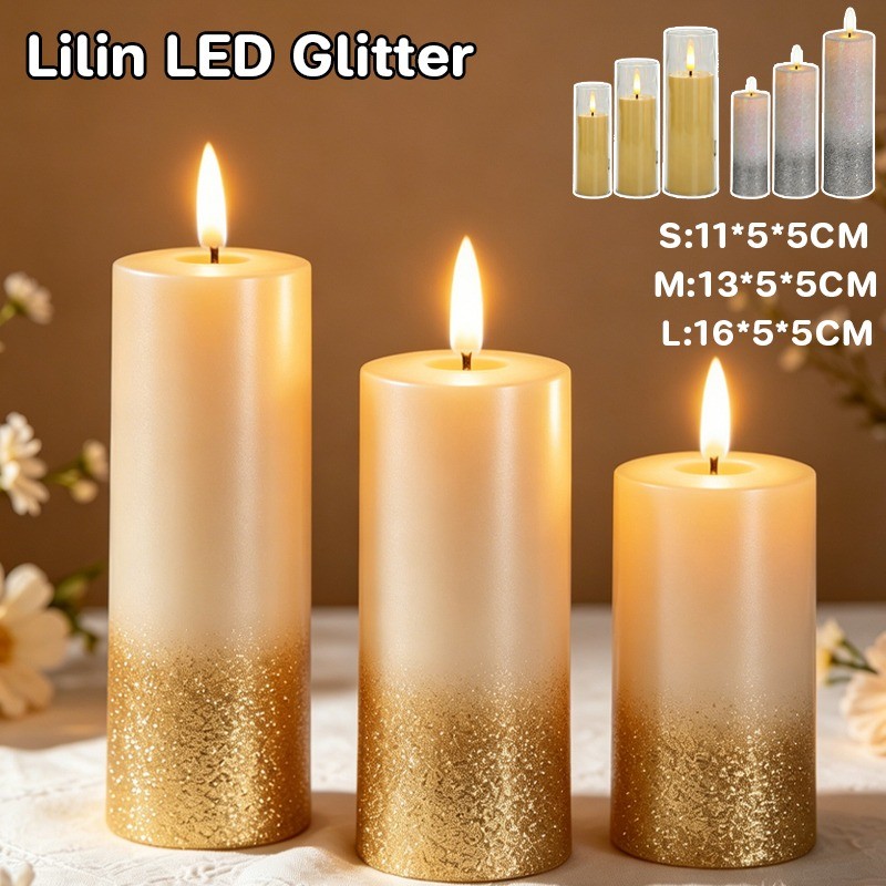 Lilin LED Glitter Romantis Pink Dan Gold Lilin Lampu LED Lilin Tanpa Asap Lampu Lilin Elektrik Lilin