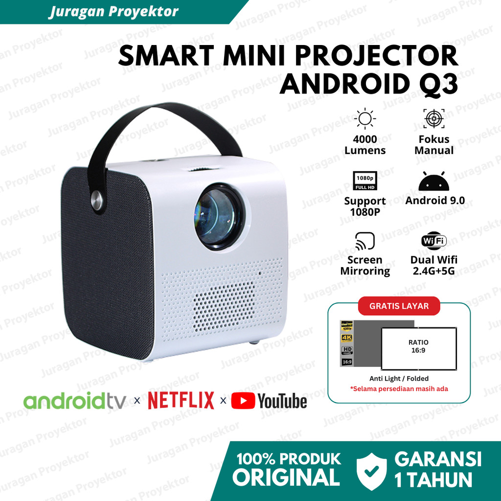 Smart Proyektor Android Wifi Q3 4000 Lumens | Proyektor Android 4K Full HD | Proyektor Mini Portable
