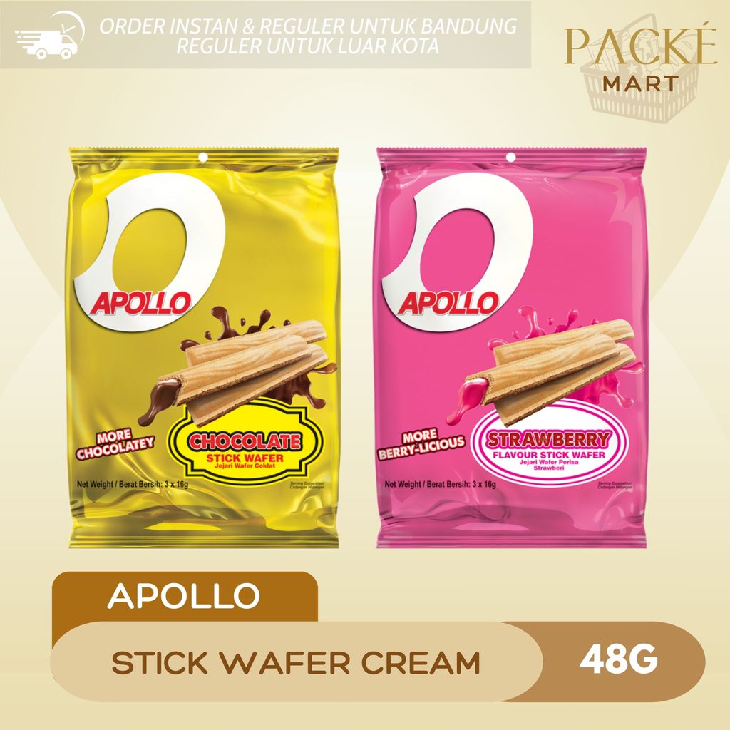 Apollo Stick Wafer Cream 48g ( 3 Pcs x 16g ) / Wafer Stik Isi Coklat / Stroberi