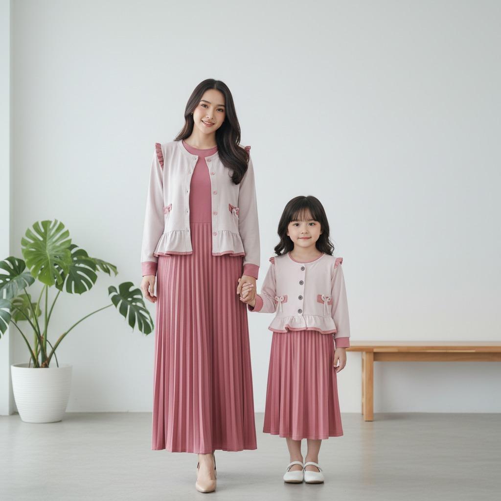 Najwa -  Oneset Couple Mivana Ibu dan Anak Perempuan Cardigan Pita dan Dress Plisket Terlaris / Fash