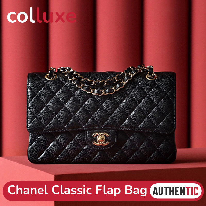 Menyediakan resi Chanel Classic Flap CF Shoulder Bag Hitam GHW & SHW tas punggung wanita Caviar Cavi