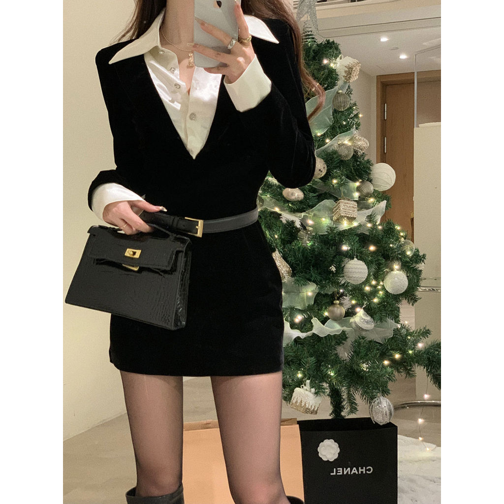 Gaun pendek pelangsing pinggang pas hitam wanita dewasa gaya dua potong gaun bodycon wanita