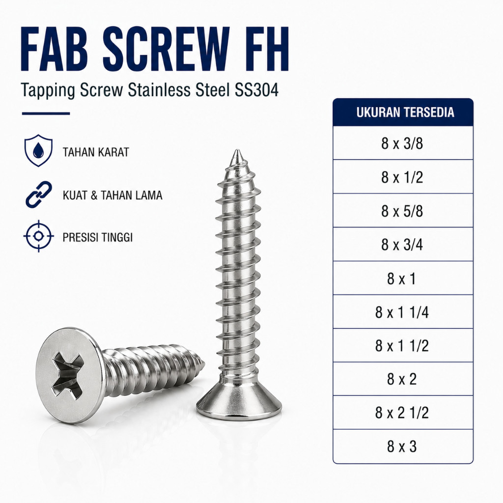 FAB 8X 3 Tapping Screw FH 8 X  3 Skrup Kepala Rata Stainless SS304