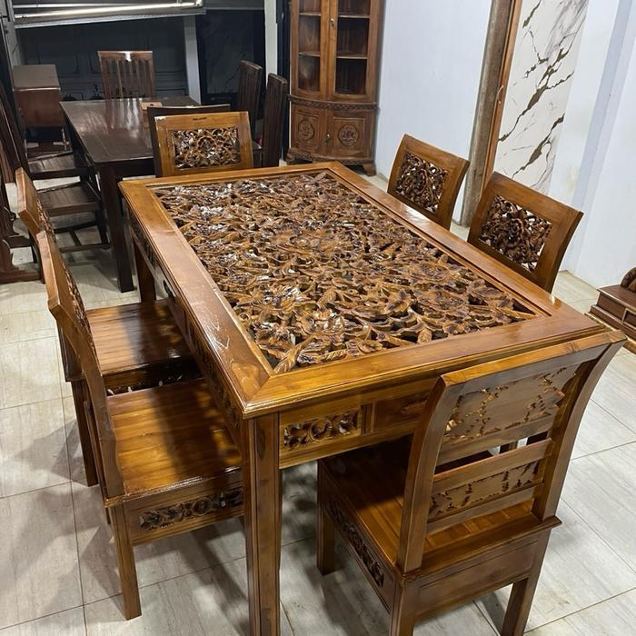 Set Meja makan Kartini natural loster kursi enam bahan full  kayu jati lengkap kaca meja