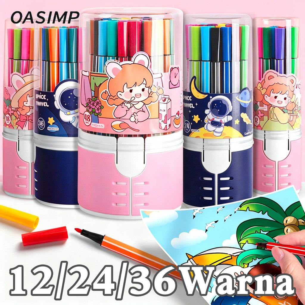 OASIMP Spidol Air 24 Warna Dapat Dicuci Set Alat Gambar Anak TK SD 12 24 36 Warna Pulpen  Mewarnai