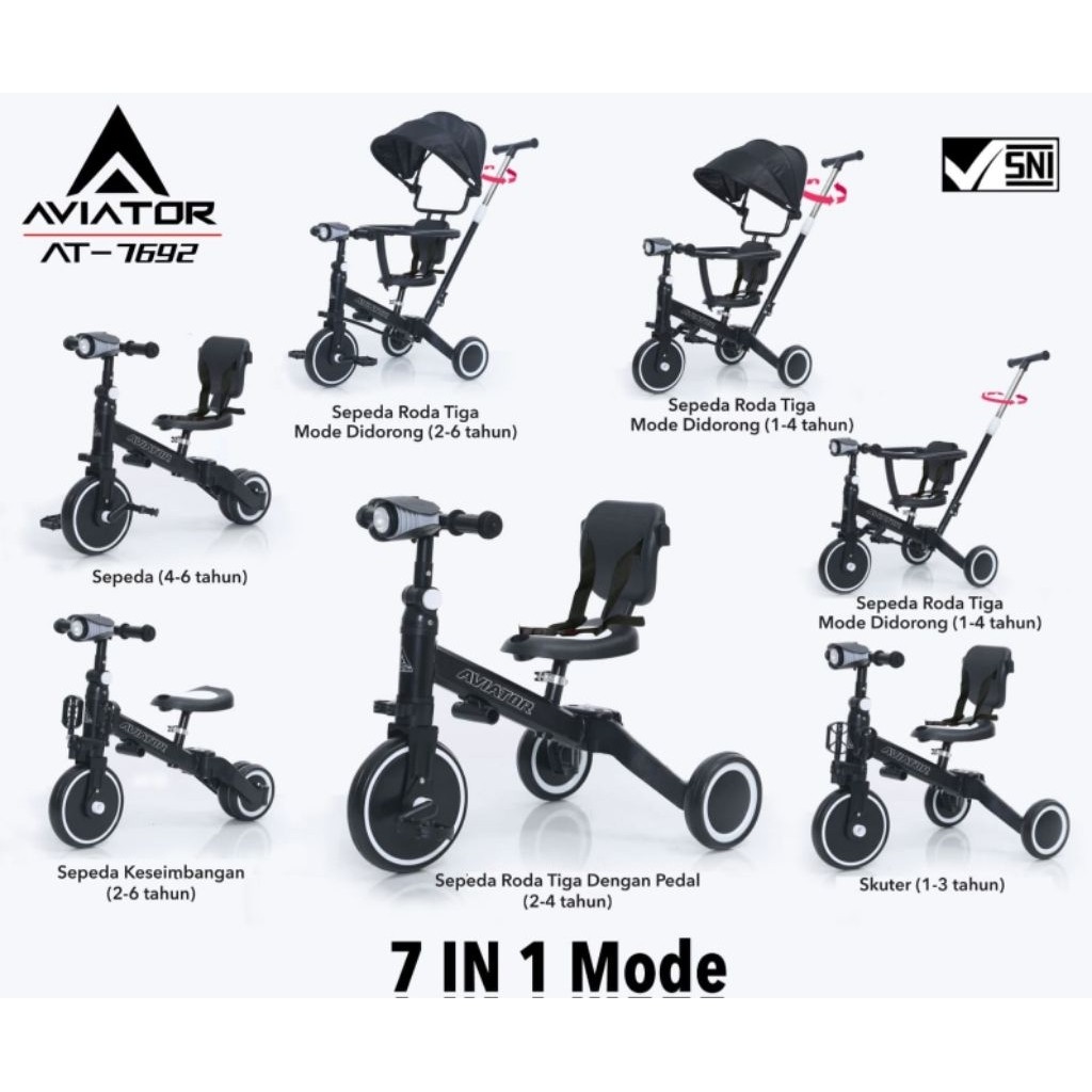 TRICYCLE  AVIATOR AT 7692 sepeda bayi roda tiga 7 in 1 kereta dorong baby scooter