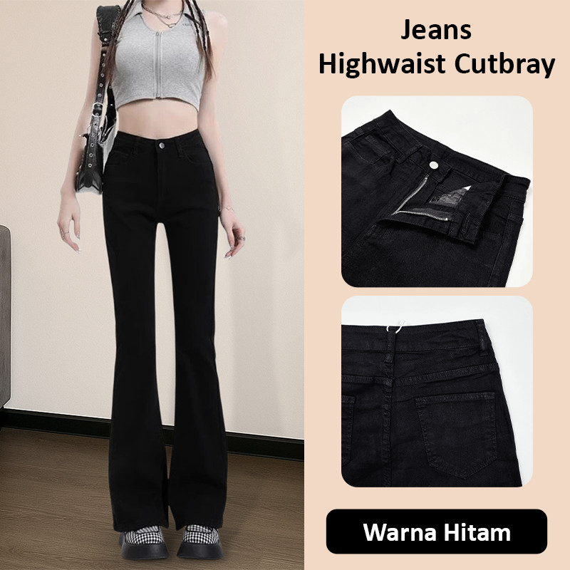 Louis - Louis - Celana Jeans Cutbray Wanita Korean Style Jeans Highwaits Cutbray Kekinian Celana Wan