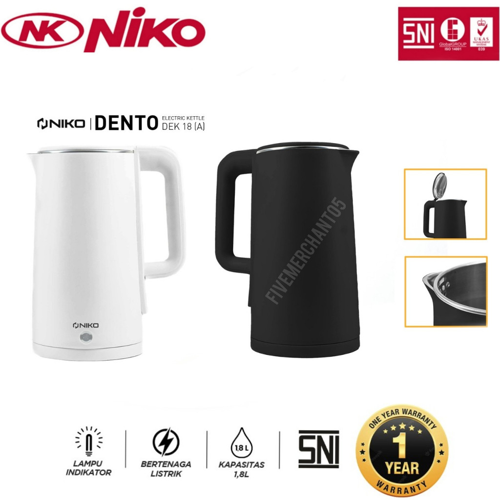 (newangkasa02) Teko Listrik Niko DEK 18 Dento 1,8 Liter Low Watt White Black Kettle Otomatis Hitam P