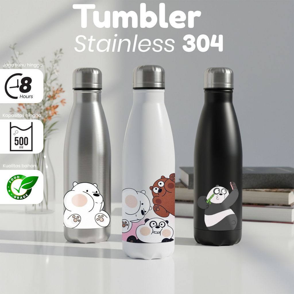 Tumbler Stainless Steel 304 Kapasitas 500ml Desain Kartun Unik Beragam Warna Silver, Putih, Hitam, E